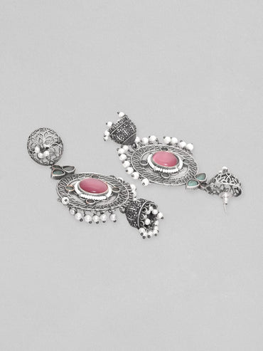 Rubans Sterling Silver Plated Oxidized Finish Multicolored Zircons Studded Pearl Beaded Dangle Jhumka Earrings Earrings