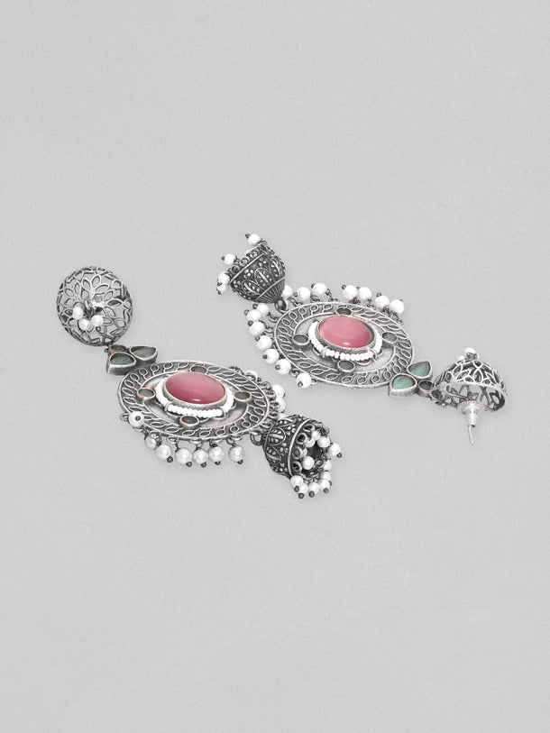 Rubans Sterling Silver Plated Oxidized Finish Multicolored Zircons Studded Pearl Beaded Dangle Jhumka Earrings Earrings