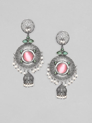 Rubans Sterling Silver Plated Oxidized Finish Multicolored Zircons Studded Pearl Beaded Dangle Jhumka Earrings Earrings