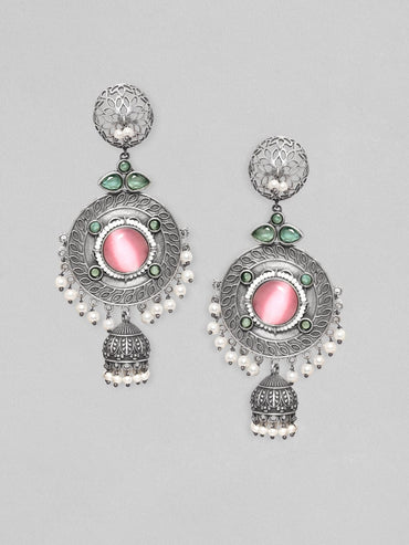 Rubans Sterling Silver Plated Oxidized Finish Multicolored Zircons Studded Pearl Beaded Dangle Jhumka Earrings Earrings