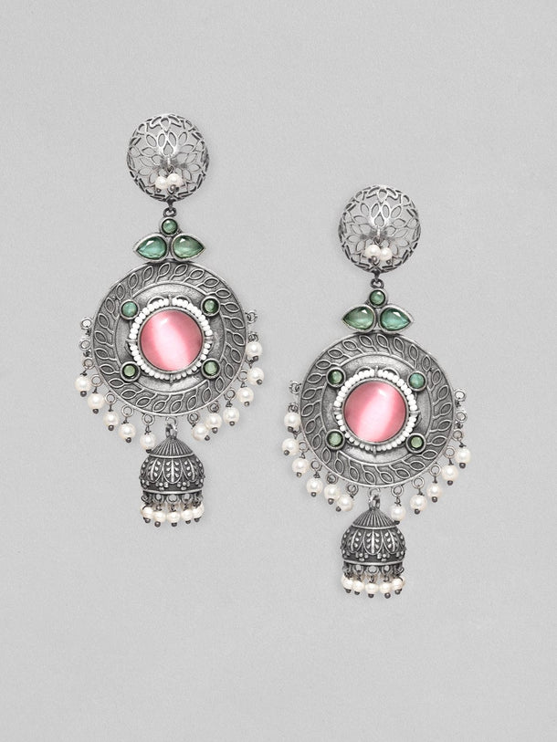 Rubans Sterling Silver Plated Oxidized Finish Multicolored Zircons Studded Pearl Beaded Dangle Jhumka Earrings Earrings