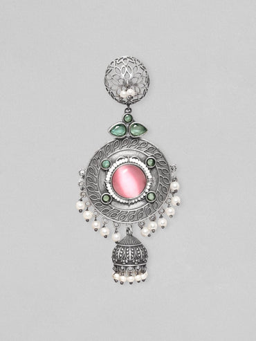 Rubans Sterling Silver Plated Oxidized Finish Multicolored Zircons Studded Pearl Beaded Dangle Jhumka Earrings Earrings