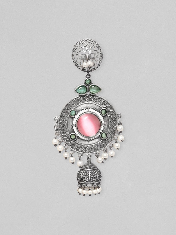 Rubans Sterling Silver Plated Oxidized Finish Multicolored Zircons Studded Pearl Beaded Dangle Jhumka Earrings Earrings