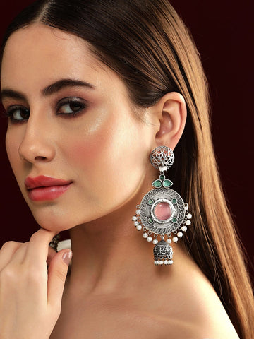 Rubans Sterling Silver Plated Oxidized Finish Multicolored Zircons Studded Pearl Beaded Dangle Jhumka Earrings Earrings
