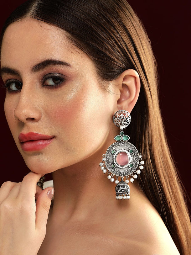 Rubans Sterling Silver Plated Oxidized Finish Multicolored Zircons Studded Pearl Beaded Dangle Jhumka Earrings Earrings