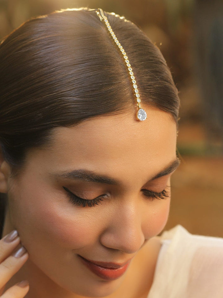 Rubans Stylish 22KT Gold Plated Cubic Zirconia Studded & AD Drop Handcrafted Maang Tikkas Head Jewellery