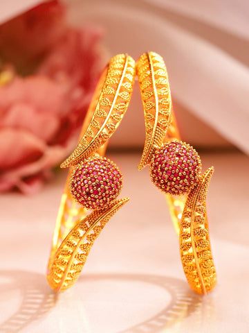 Rubans Stylish Set of 2 18K Gold Plated Ruby Studded Geru Polish Finish Traditional Bangles Bangles & Bracelets