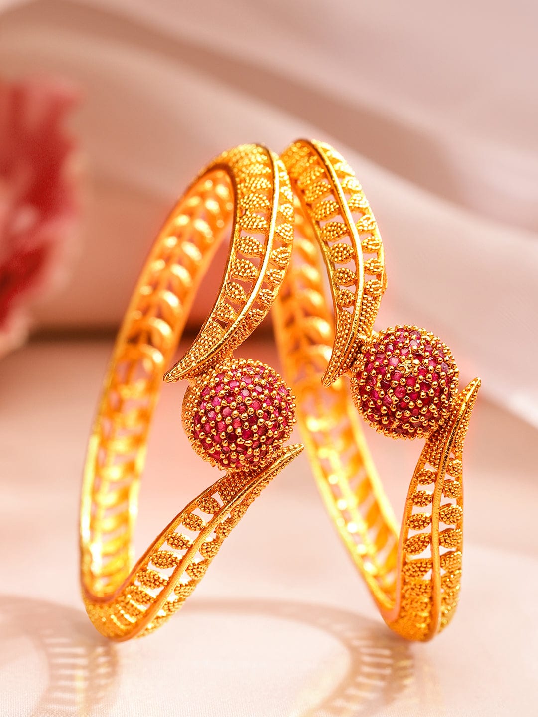 Rubans Stylish Set of 2 18K Gold Plated Ruby Studded Geru Polish Finish Traditional Bangles Bangles & Bracelets