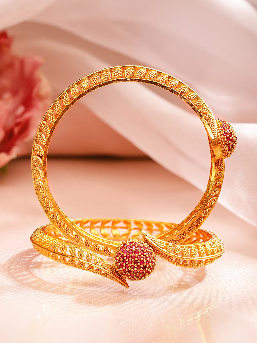 Rubans Stylish Set of 2 18K Gold Plated Ruby Studded Geru Polish Finish Traditional Bangles Bangles & Bracelets