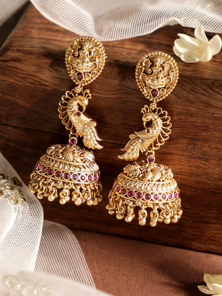 Rubans Traditional 22k Gold-Plated Jhumka Earrings Adorned with Peacock Design Earrings