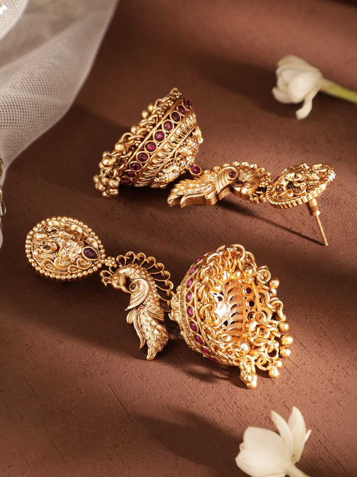 Rubans Traditional 22k Gold-Plated Jhumka Earrings Adorned with Peacock Design Earrings