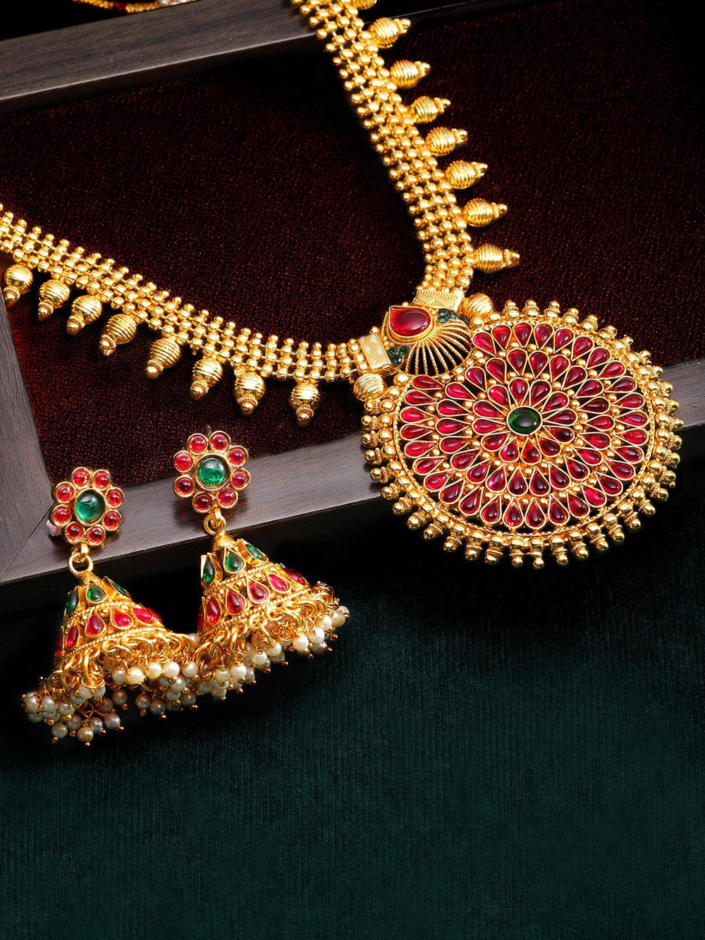 Rubans Traditional Gold Plated Faux Ruby And Emerald Studded Necklace Set Necklace Set