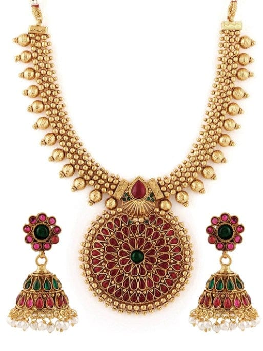 Rubans Traditional Gold Plated Faux Ruby And Emerald Studded Necklace Set Necklace Set