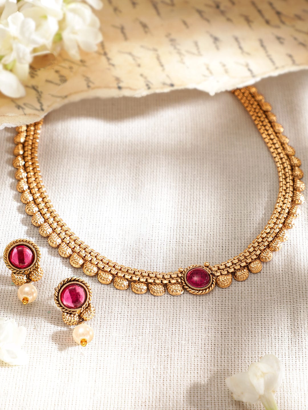 Rubans Traditional Gold Plated Pink Stone Studded Necklace Set Necklaces, Necklace Sets, Chains & Mangalsutra