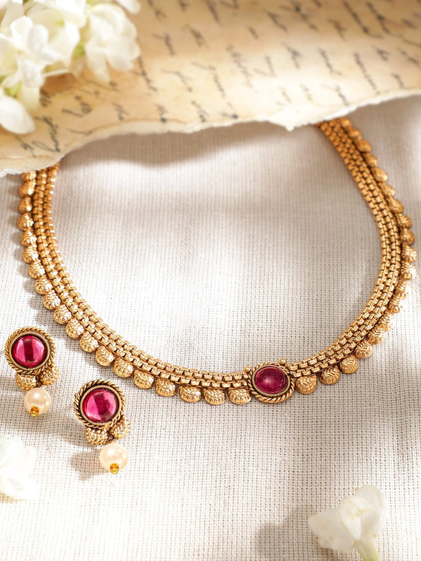 Rubans Traditional Gold Plated Pink Stone Studded Necklace Set Necklaces, Necklace Sets, Chains & Mangalsutra