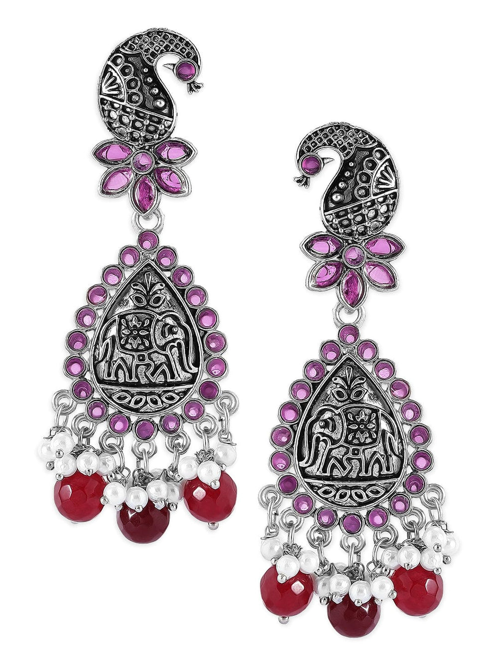 Rubans Traditional Silver Plated Pink Stone Studded Drop Earrings With Red Beads Earrings