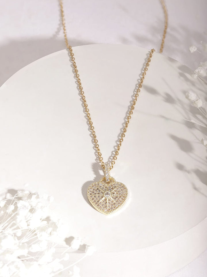 Rubans Voguish 18 KT Gold Plated Cubic Ziconia Studded Heart Shaped Pendant Necklace and Chains