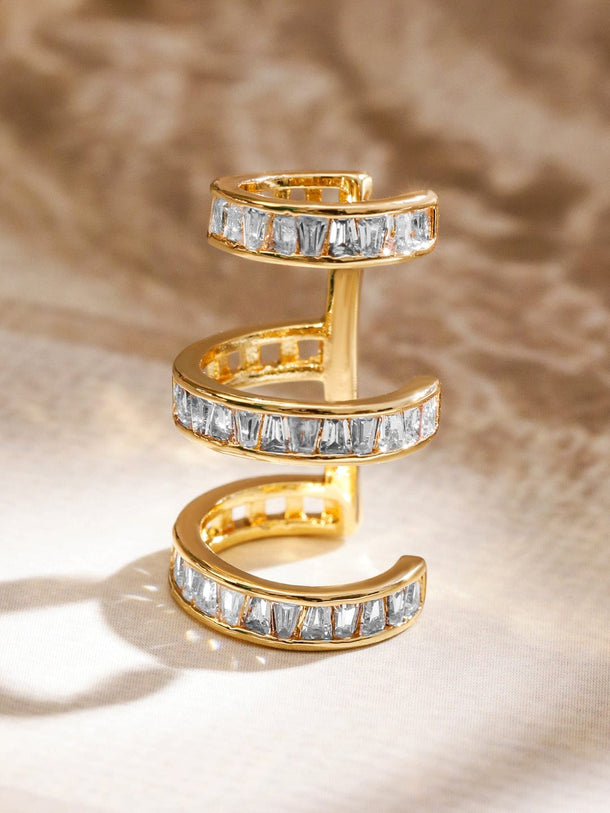 Rubans Voguish 18K Gold-Plated Baguette Zirconia Studded Triple-Layer Statement Ear Cuff Earring â€“ 1 Piece Pack Earrings
