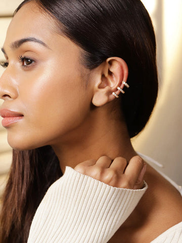 Rubans Voguish 18K Gold-Plated Baguette Zirconia Studded Triple-Layer Statement Ear Cuff Earring â€“ 1 Piece Pack Earrings