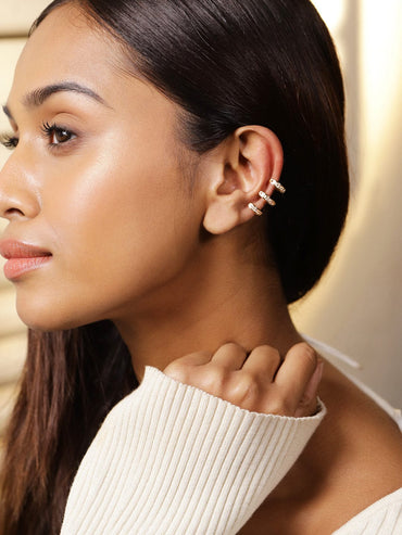 Rubans Voguish 18K Gold-Plated Baguette Zirconia Studded Triple-Layer Statement Ear Cuff Earring â€“ 1 Piece Pack Earrings