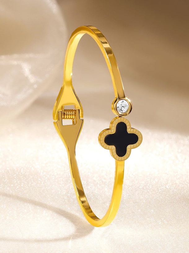 Rubans Voguish 18K Gold-Plated Black Enamel Clover Motif Stainless Steel Tarnish Free Waterproof Bracelet Wristwear