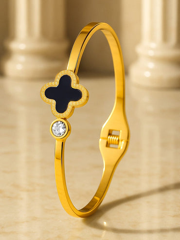 Rubans Voguish 18K Gold-Plated Black Enamel Clover Motif Stainless Steel Tarnish Free Waterproof Bracelet Wristwear