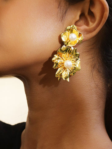 Rubans Voguish 18K Gold-Plated Bold Pearl Studded Big Floral Drop Statement Earrings Earrings