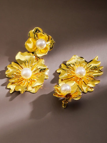 Rubans Voguish 18K Gold-Plated Bold Pearl Studded Big Floral Drop Statement Earrings Earrings