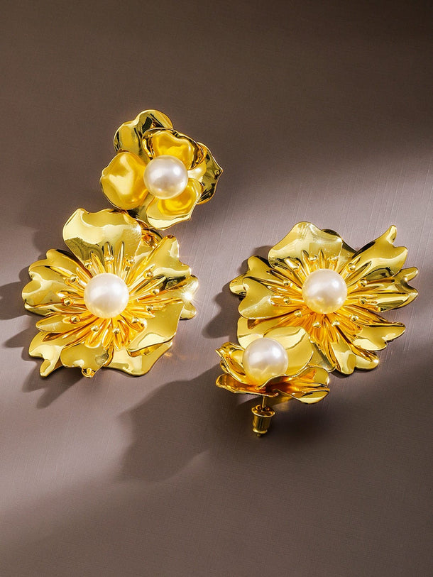 Rubans Voguish 18K Gold-Plated Bold Pearl Studded Big Floral Drop Statement Earrings Earrings