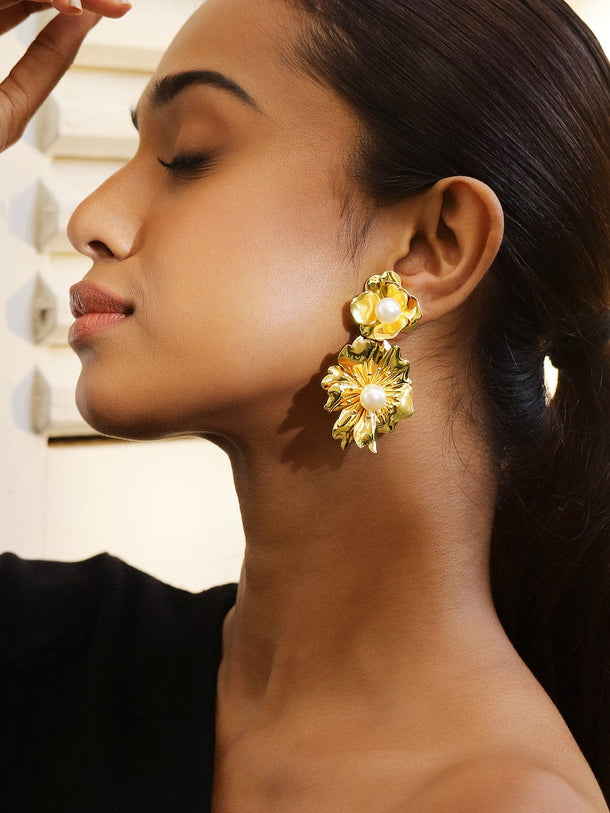 Rubans Voguish 18K Gold-Plated Bold Pearl Studded Big Floral Drop Statement Earrings Earrings
