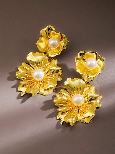 Rubans Voguish 18K Gold-Plated Bold Pearl Studded Big Floral Drop Statement Earrings Earrings