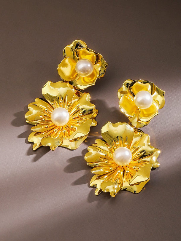 Rubans Voguish 18K Gold-Plated Bold Pearl Studded Big Floral Drop Statement Earrings Earrings