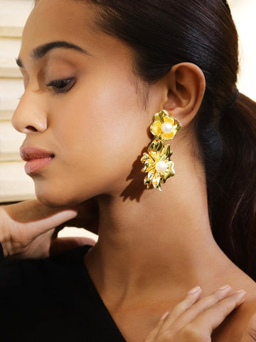 Rubans Voguish 18K Gold-Plated Bold Pearl Studded Big Floral Drop Statement Earrings Earrings