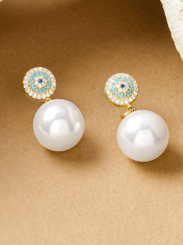 Rubans Voguish 18K Gold-Plated Brass Blue & White Zirconia Studs and White Pearl Drops Earrings Earrings