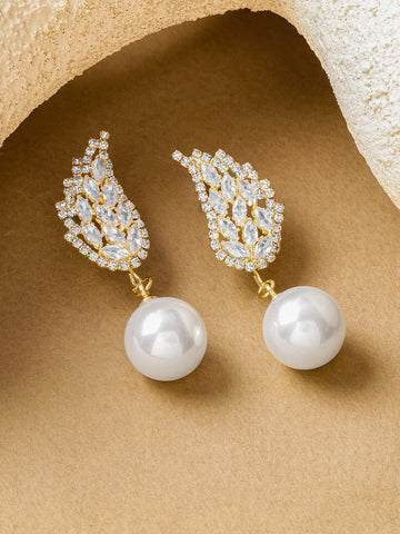 Rubans Voguish 18K Gold-Plated Brass Crystal AD Wing Stud & White Pearl Drop Earrings Earrings