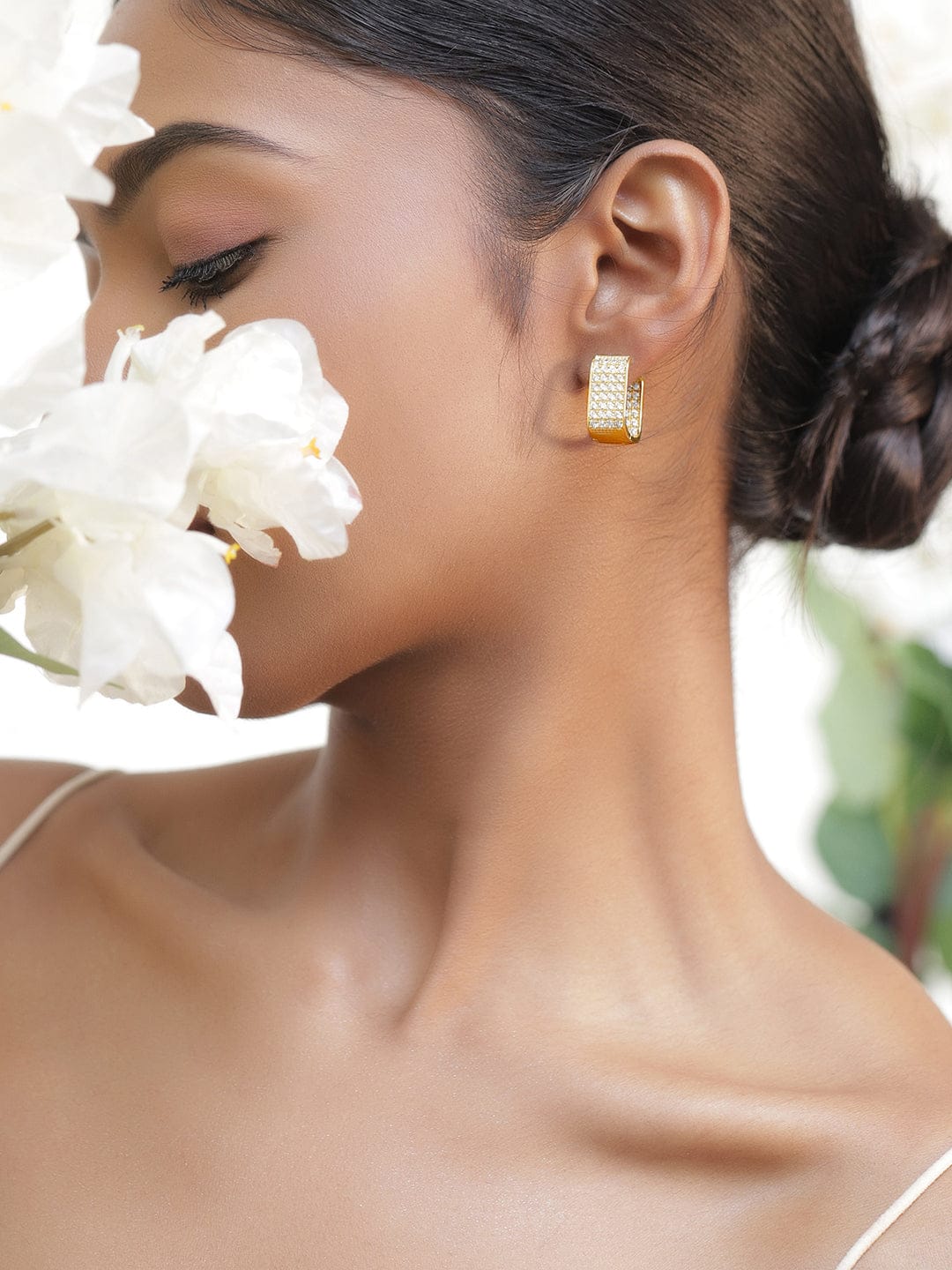 Rubans Voguish 18K Gold Plated Brass Wide Statement Hoop Earrings with Cubic Zirconia Detailing Earrings