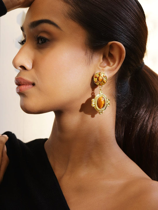Rubans Voguish 18K Gold-Plated Brown & Gold Tiger Eye Statement Drop Earrings Earrings