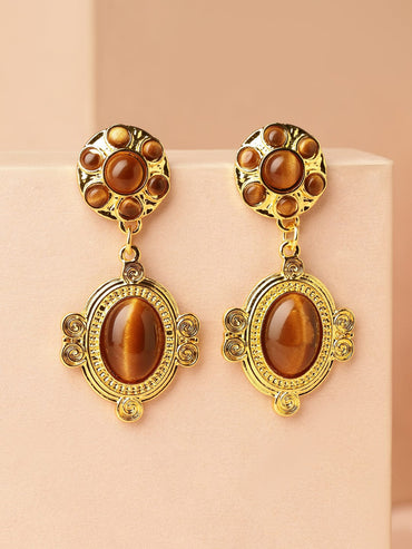 Rubans Voguish 18K Gold-Plated Brown & Gold Tiger Eye Statement Drop Earrings Earrings