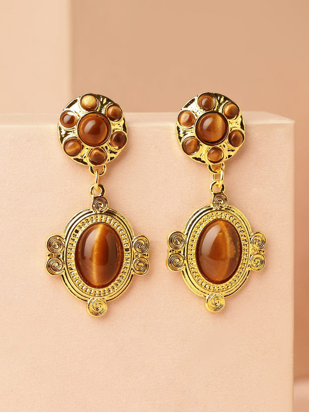 Rubans Voguish 18K Gold-Plated Brown & Gold Tiger Eye Statement Drop Earrings Earrings