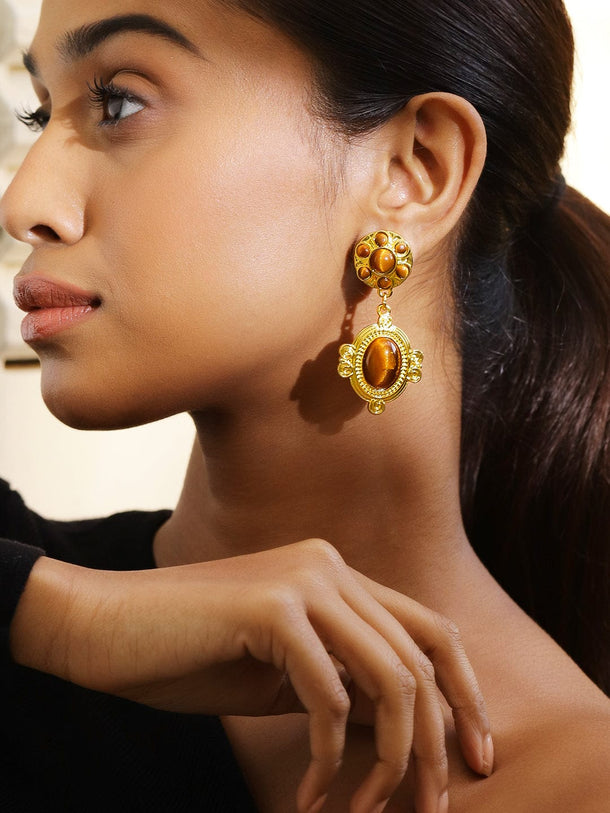 Rubans Voguish 18K Gold-Plated Brown & Gold Tiger Eye Statement Drop Earrings Earrings