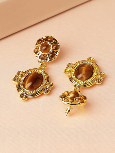 Rubans Voguish 18K Gold-Plated Brown & Gold Tiger Eye Statement Drop Earrings Earrings