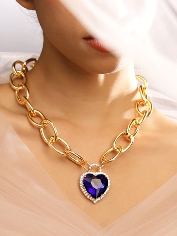 Rubans Voguish 18K Gold-Plated Chunky Chain Necklace with Blue Sapphire & Zirconia Heart Pendant Necklace and Chains