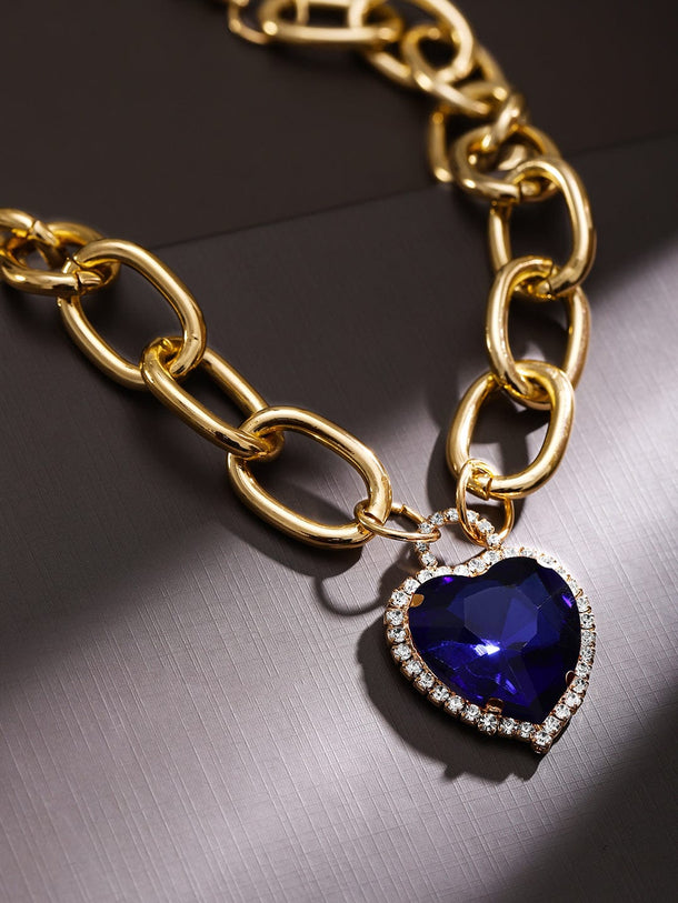 Rubans Voguish 18K Gold-Plated Chunky Chain Necklace with Blue Sapphire & Zirconia Heart Pendant Necklace & Chains