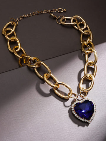 Rubans Voguish 18K Gold-Plated Chunky Chain Necklace with Blue Sapphire & Zirconia Heart Pendant Necklace & Chains