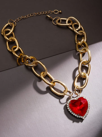 Rubans Voguish 18K Gold-Plated Chunky Chain Necklace with Ruby & Zirconia Heart Pendant Necklace & Chains