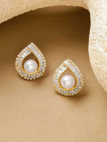 Rubans Voguish 18K Gold-Plated Crystal AD & White Pearl Teardrop Stud Earrings Earrings
