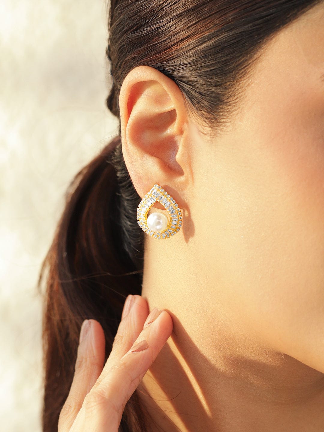 Rubans Voguish 18K Gold-Plated Crystal AD & White Pearl Teardrop Stud Earrings Earrings