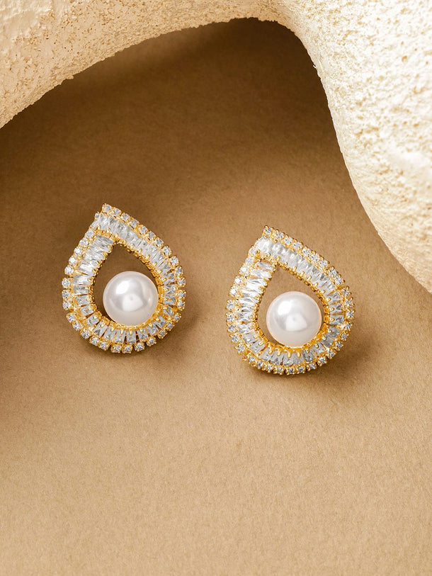 Rubans Voguish 18K Gold-Plated Crystal AD & White Pearl Teardrop Stud Earrings Earrings