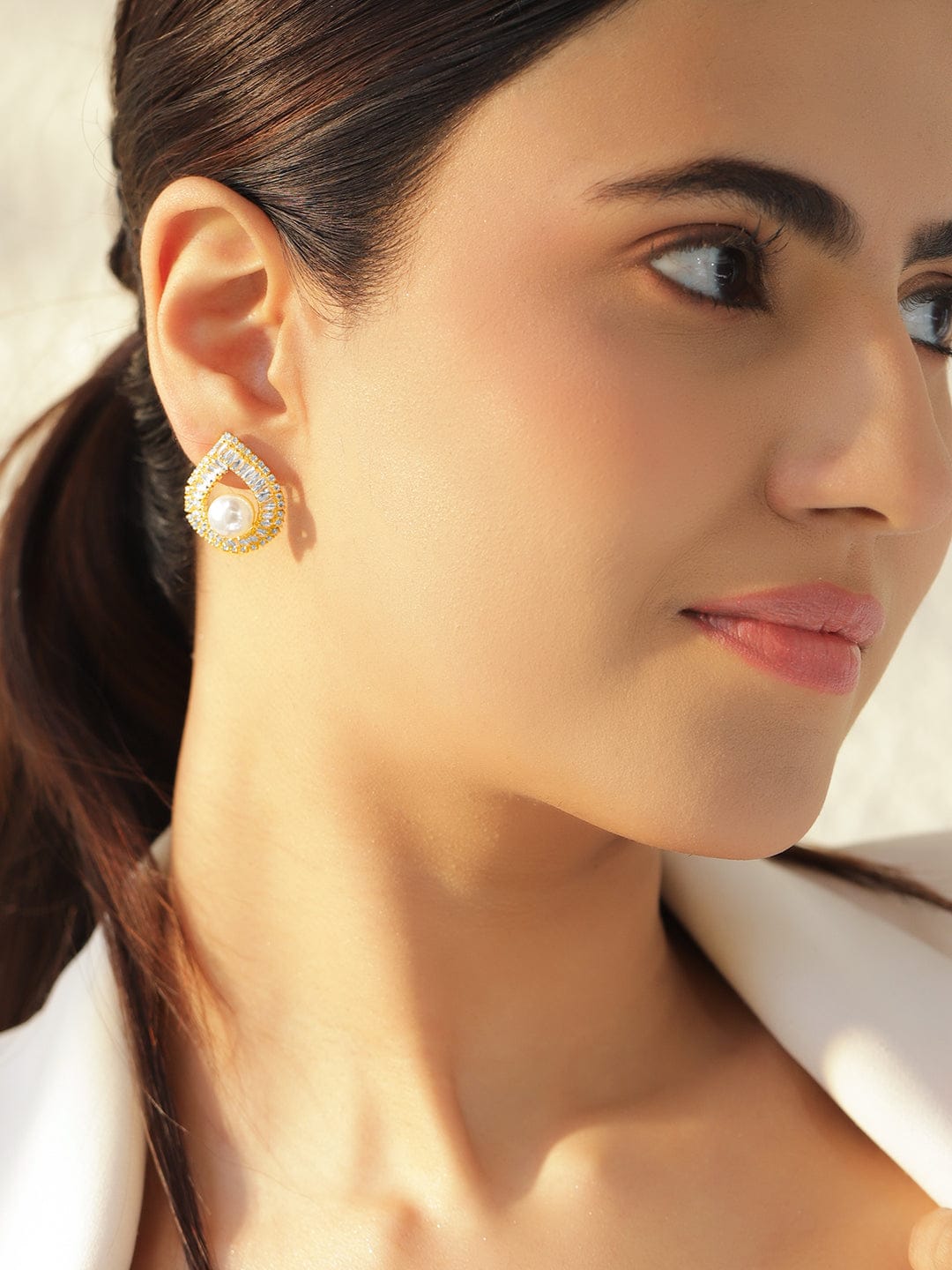 Rubans Voguish 18K Gold-Plated Crystal AD & White Pearl Teardrop Stud Earrings Earrings