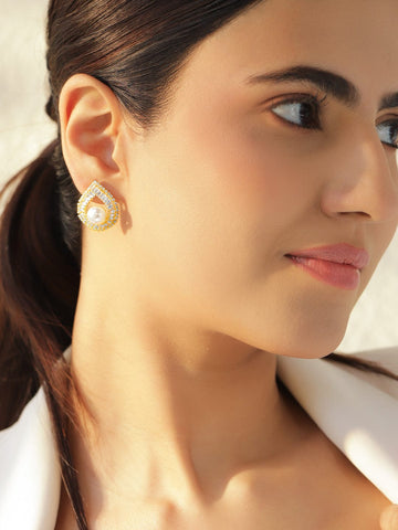 Rubans Voguish 18K Gold-Plated Crystal AD & White Pearl Teardrop Stud Earrings Earrings